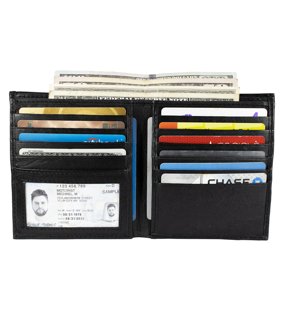 Black Genuine Leather Men's Bifold Hipster Wallet Credit Card Holder