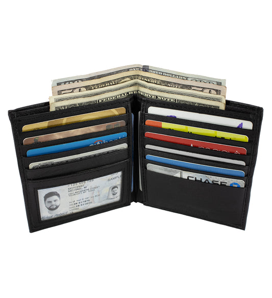 Black Genuine Leather Men's Bifold Hipster Wallet Credit Card Holder
