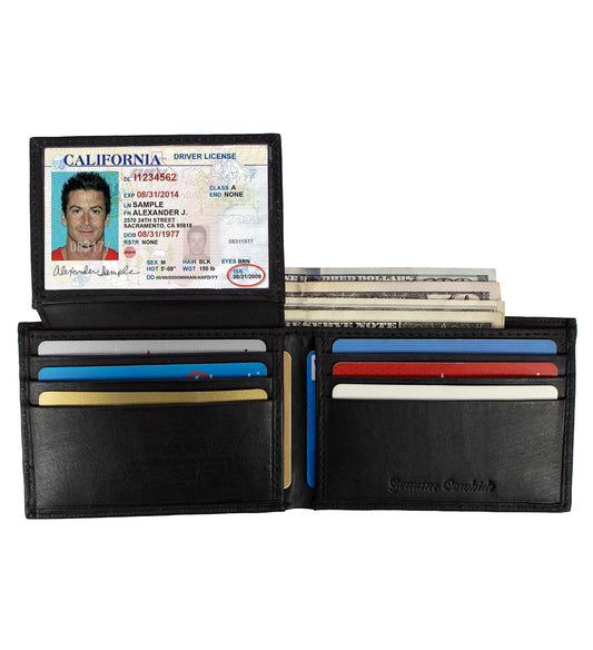 RFID Blocking Black Genuine Leather Men's Bifold Wallet Flap Top Card Holder