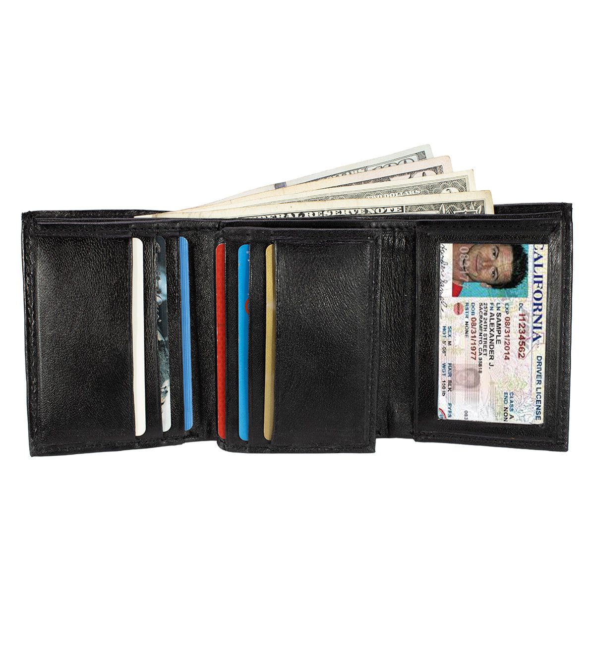 Black Genuine Leather Men's Trifold Wallet Center Flap Holder