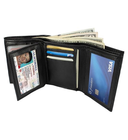 Black Genuine Leather Men's Trifold Wallet Center Flap Holder