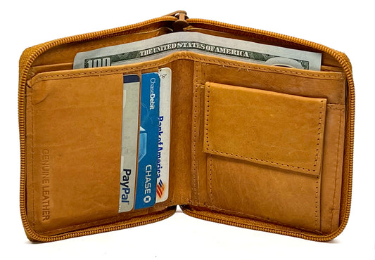 RFID Blocking Leather Zip-Around Men's Bifold Wallet Coin Pocket