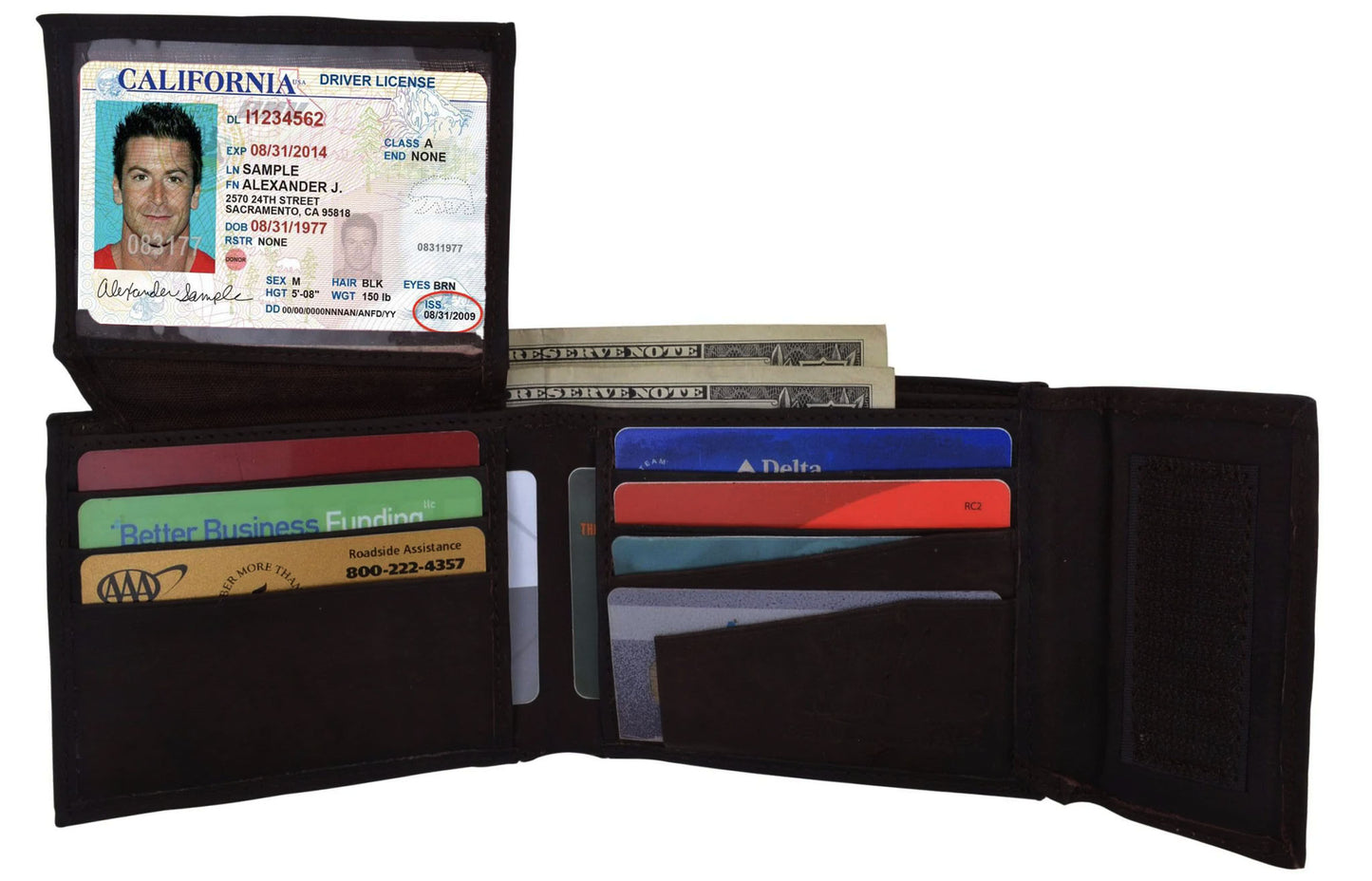 RFID Blocking Leather Bifold Wallet With Hook And Loop Closure And Flap Up ID Window