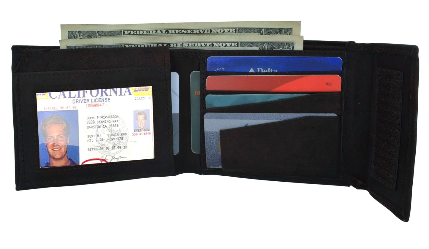 RFID Blocking Leather Bifold Wallet With Hook And Loop Closure And Flap Up ID Window