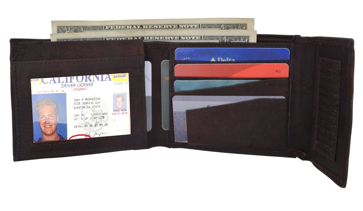 RFID Blocking Leather Bifold Wallet With Hook And Loop Closure And Flap Up ID Window
