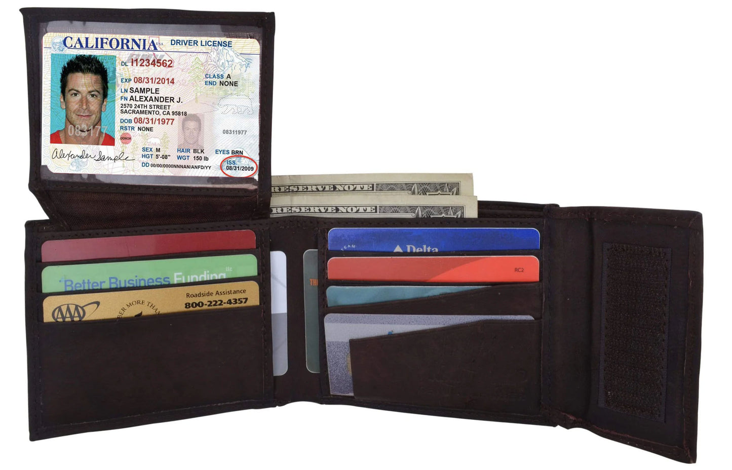 RFID Blocking Leather Bifold Wallet With Hook And Loop Closure And Flap Up ID Window