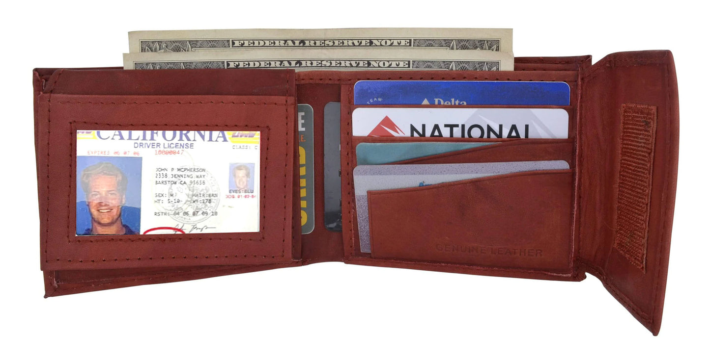 RFID Blocking Leather Bifold Wallet With Hook And Loop Closure And Flap Up ID Window
