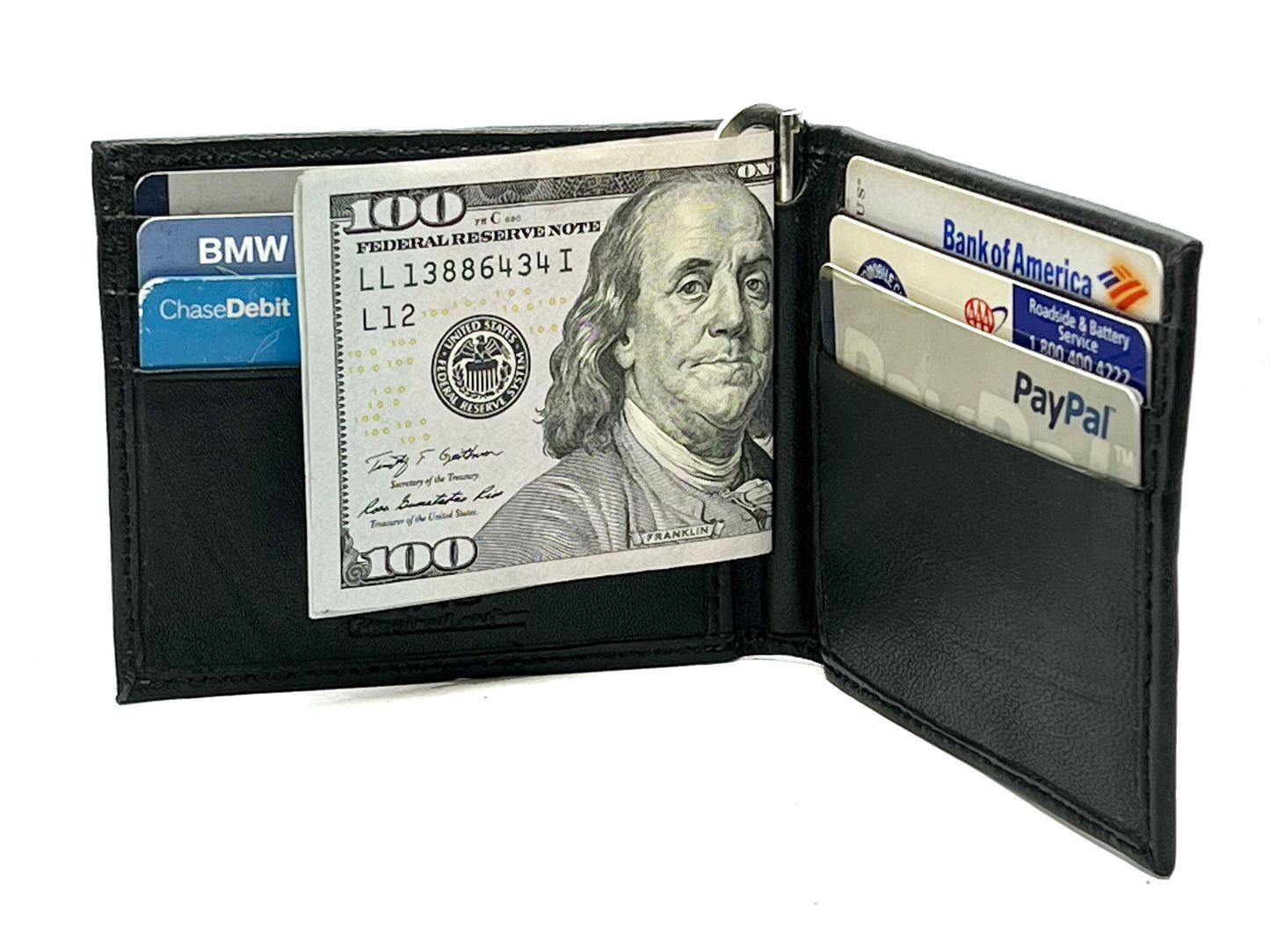RFID Blocking Black Genuine Leather Men's Money Clip Credit Card ID Wallet