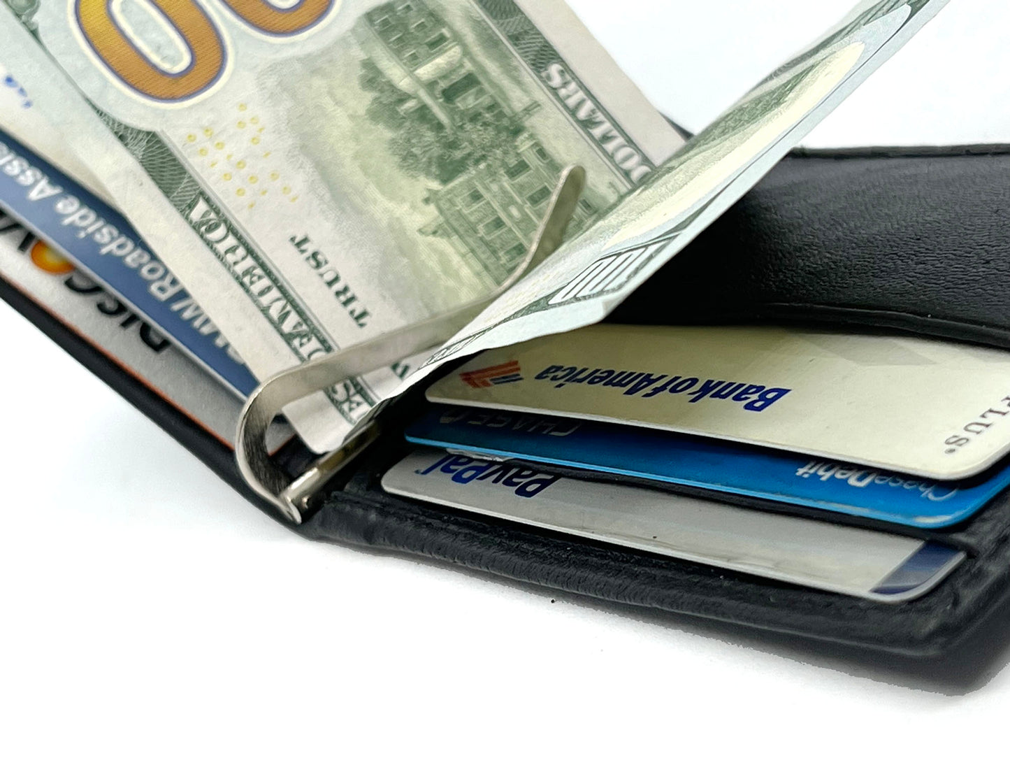 RFID Blocking Black Genuine Leather Men's Money Clip Credit Card ID Wallet