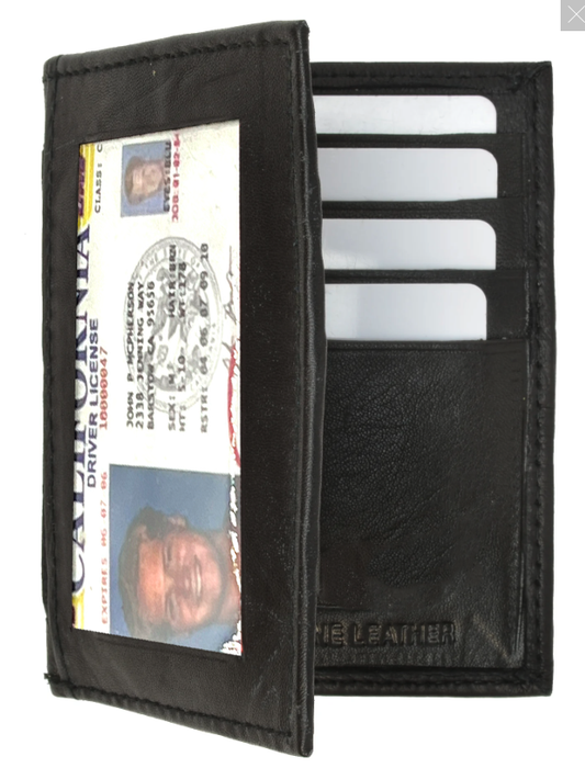 Genuine Leather ID Window Credit Card Thin Billfold Bifold Wallet ID Badge