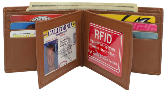 RFID Blocking Men's Leather Bifold Double Flap ID Card Holder Front Pocket