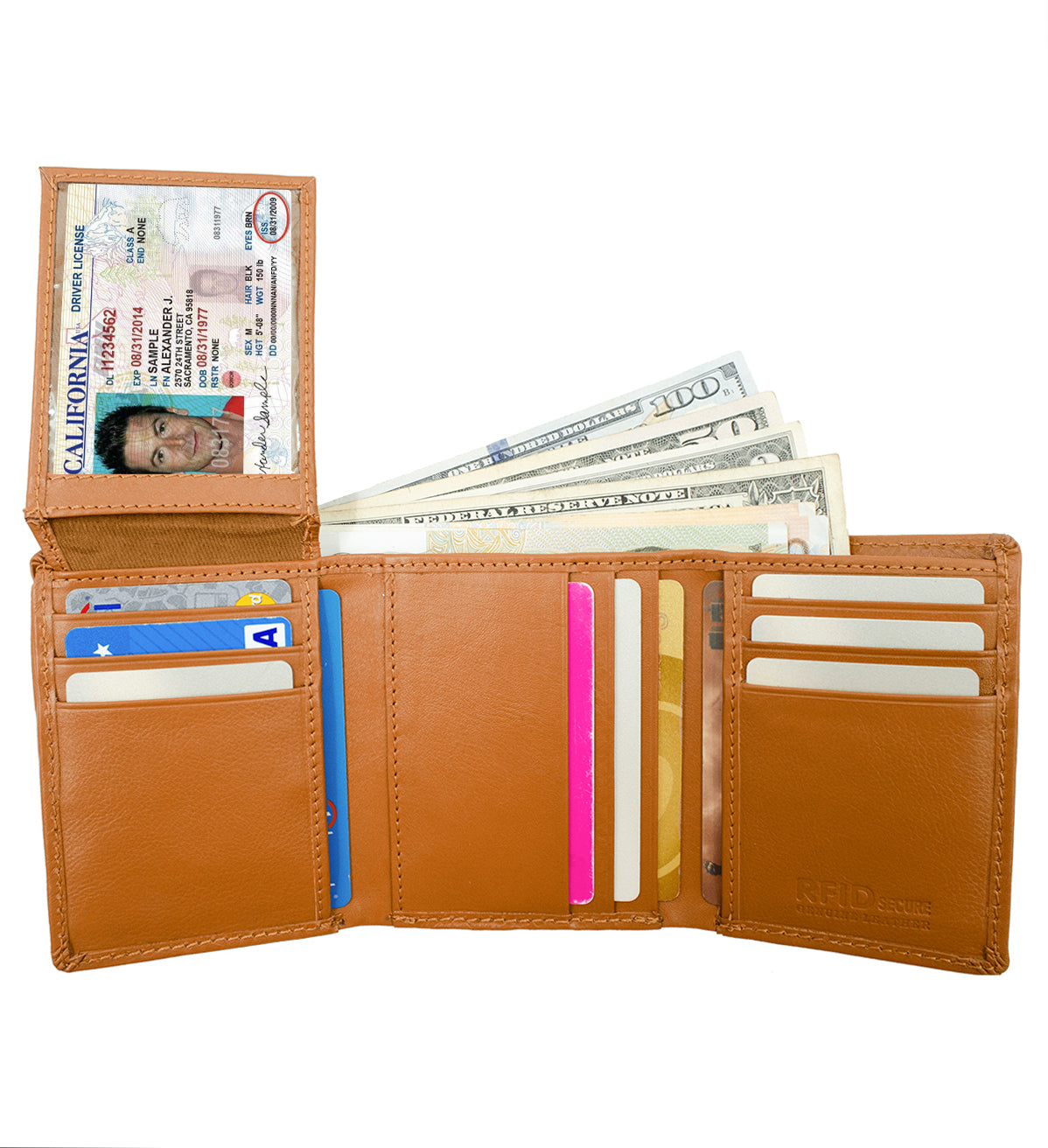 RFID Blocking Genuine Leather Men's Trifold Wallet Flap Top Premium Cowhide