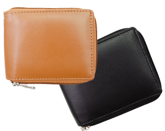 RFID Blocking Genuine Leather Men's Bifold Premium Cowhide Wallet Zip Around Center Flap