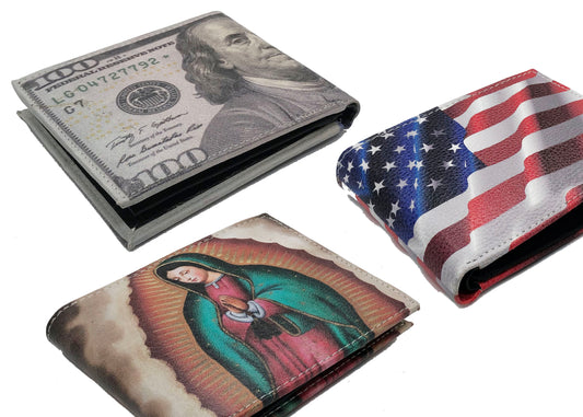 Novalty Graphics Leather Men's Bifold Wallet Double Flap Holder Dollar, Virgin Marry, Judas, Eagle, Peso