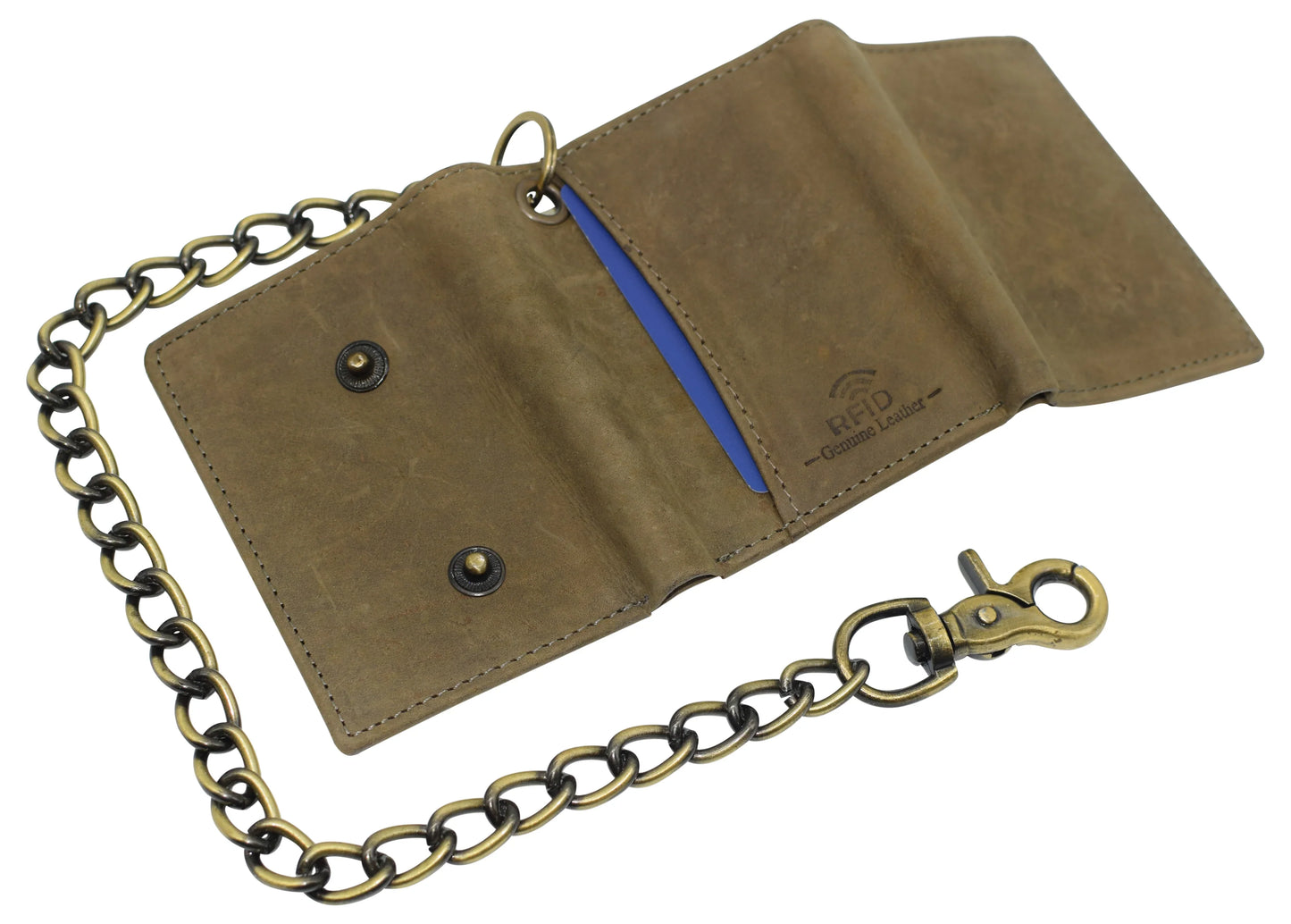 Blue Men's Leather Biker Trifold Wallet Long Chain Trucker Motorcyclist