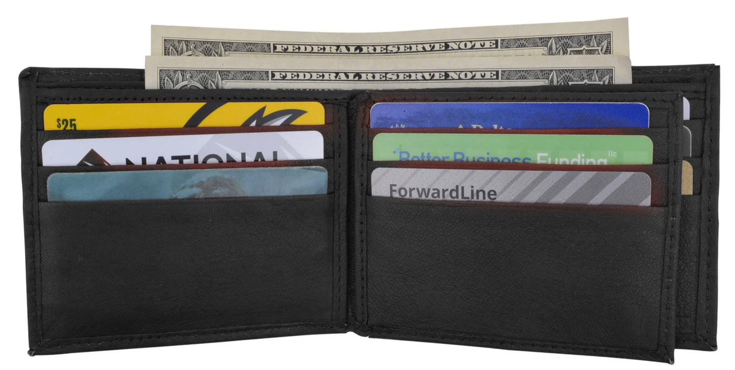 RFID Blocking Men's Genuine Cowhide Leather Premium Bifold Wallet Center Flap ID Card Holder