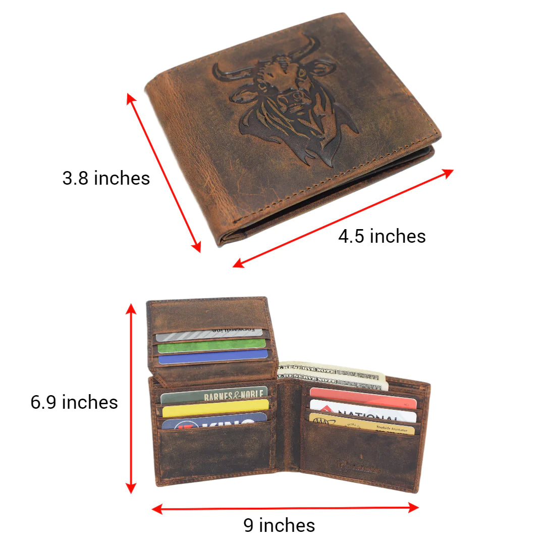 Hunter Brown RFID Blocking Leather Bifold Wallet Flip Up Patriotic Rodeo Bull