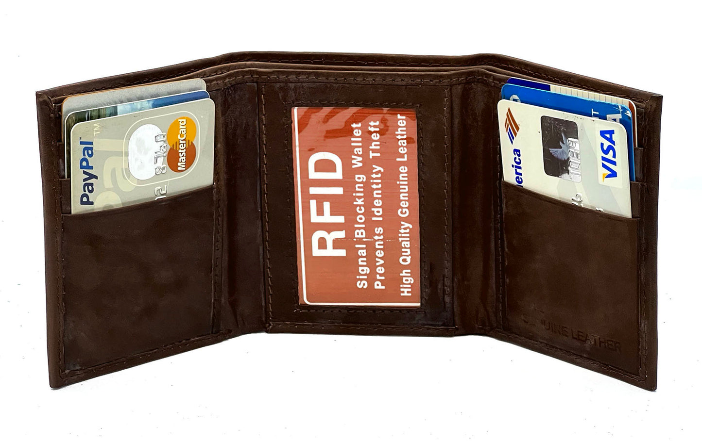 RFID BLocking Genuine Leather Men's Trifold Premium Cowhide Wallet Center Flap