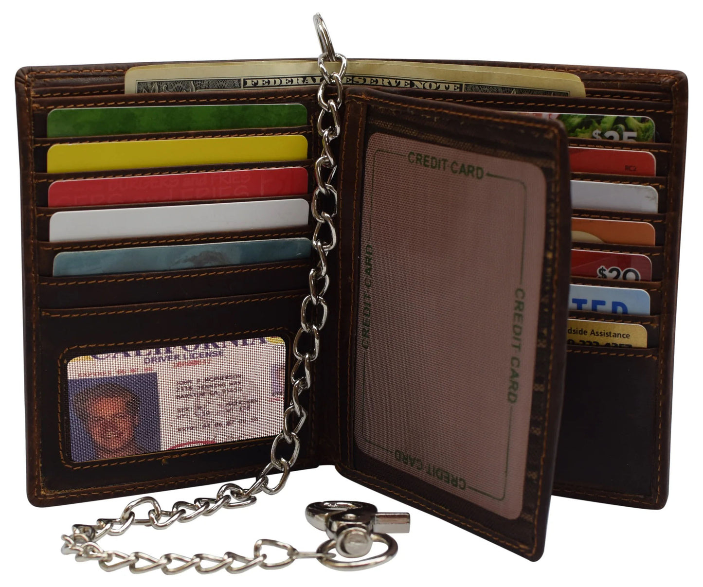 Black RFID Blocking Genuine Leather Bifold Center Flap Wallet Steel Chain Biker Motorcyclist