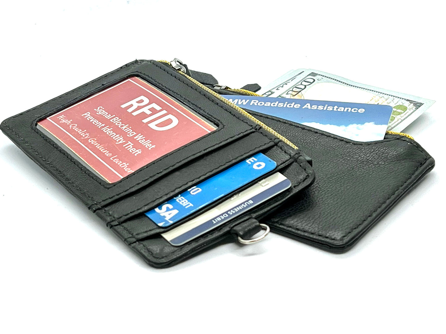 RFID Blocking Genuine Leather Secure Credit Card ID Badge Holder Strap Loop