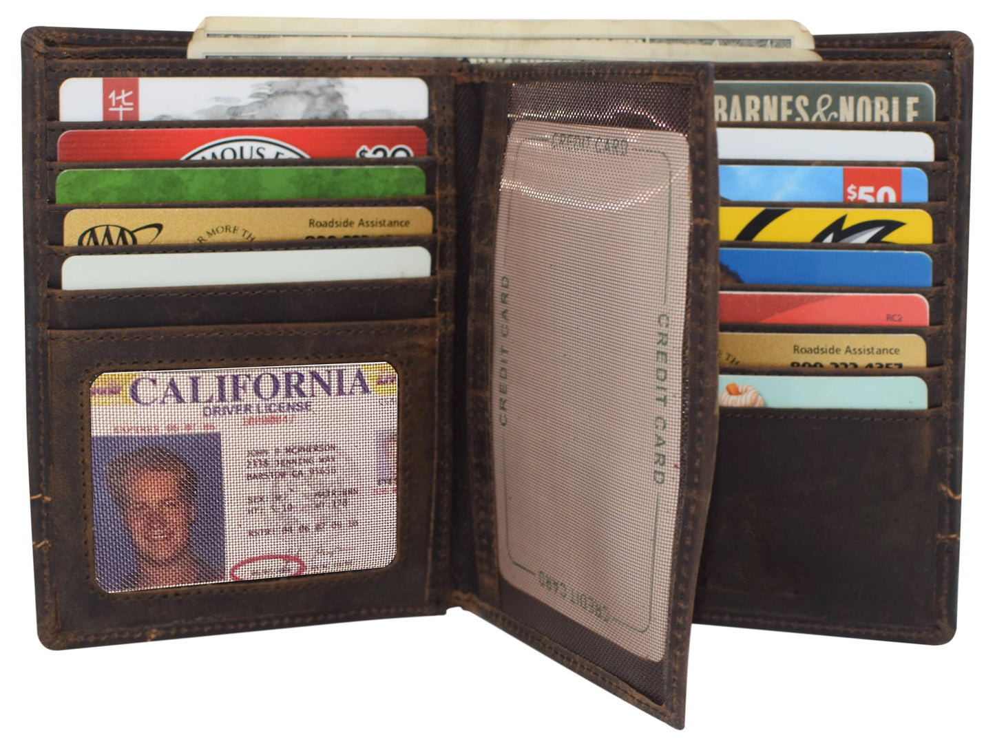 RFID Blocking Hunter Brown Genuine Leather Bifold Hipster Wallet Center Flap