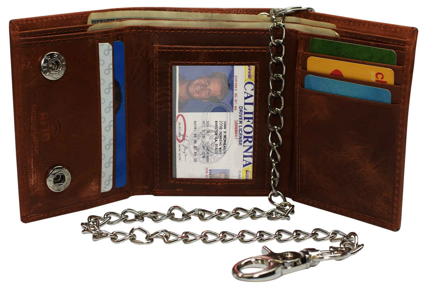 RFID Blocking Hunter Brown Leather Biker'S Wallet Steel Chain Motorcyclist