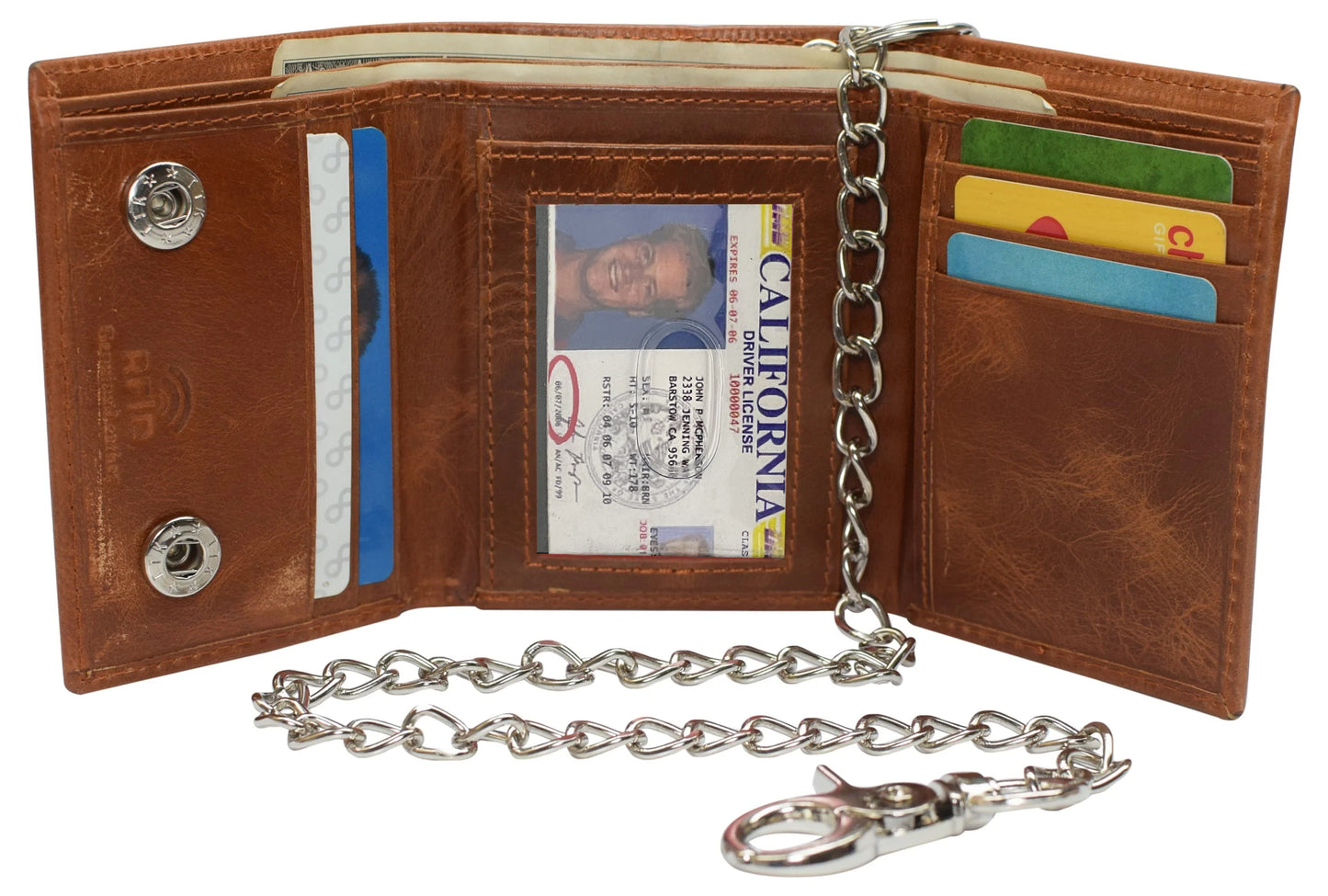 RFID Blocking Hunter Brown Leather Biker'S Wallet Steel Chain Motorcyclist