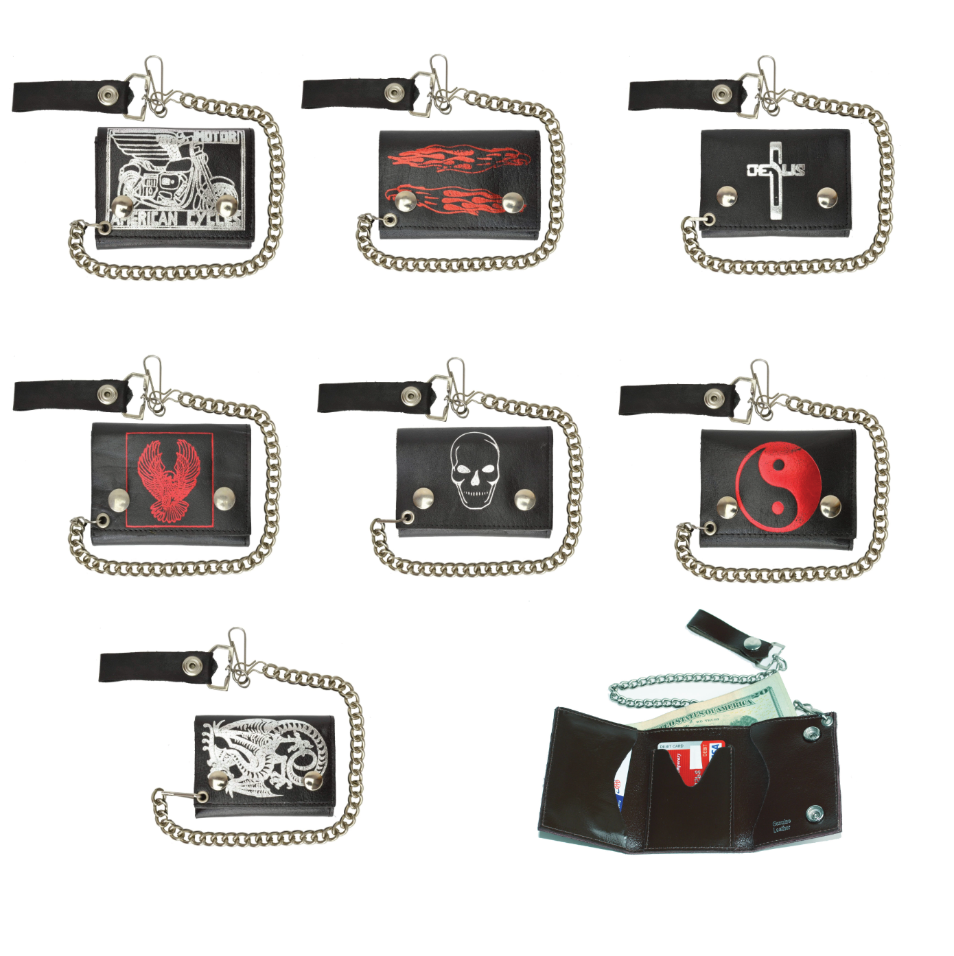 Men's Leather Biker Wallet Steel Chain Trucker Motorcyclist Novelty Print
