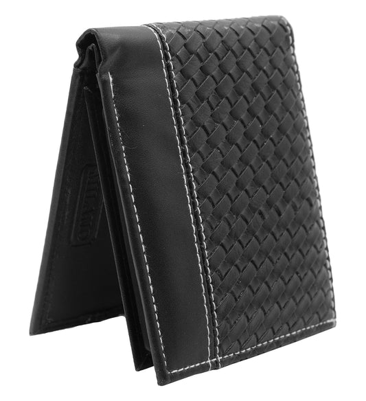Black Woven Pattern Vegan Leather Men's Bifold Wallet Double Flap Holder