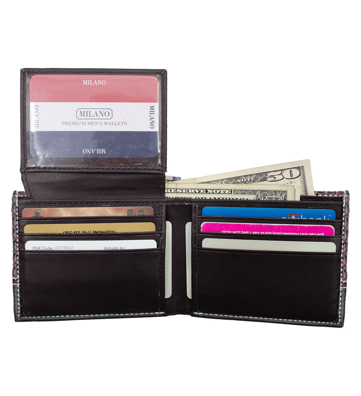 Black Woven Pattern Vegan Leather Men's Bifold Wallet Double Flap Holder