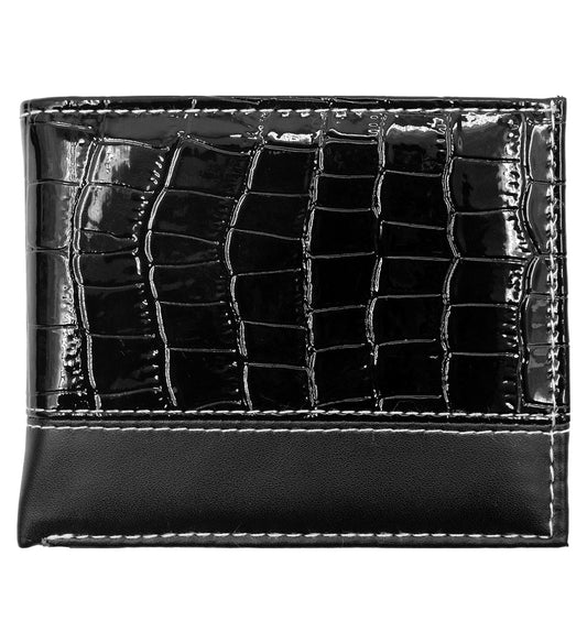 Black Croc Print Vegan Leather Men's Bifold Wallet Double Flap Holder