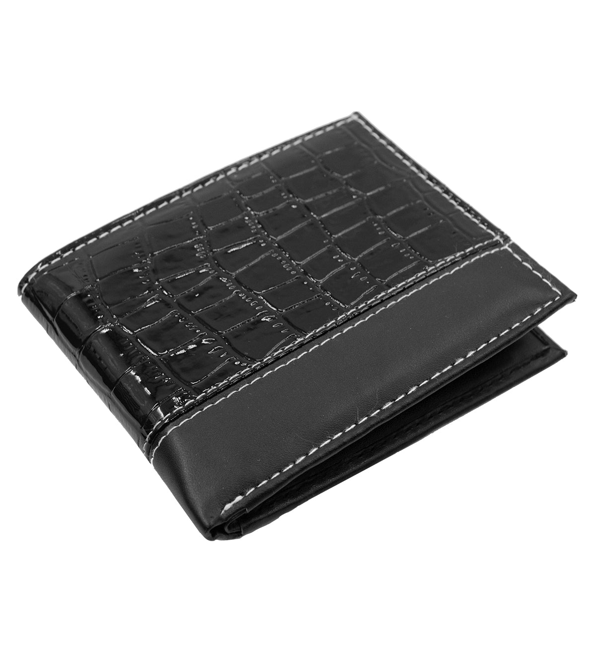 Black Croc Print Vegan Leather Men's Bifold Wallet Double Flap Holder