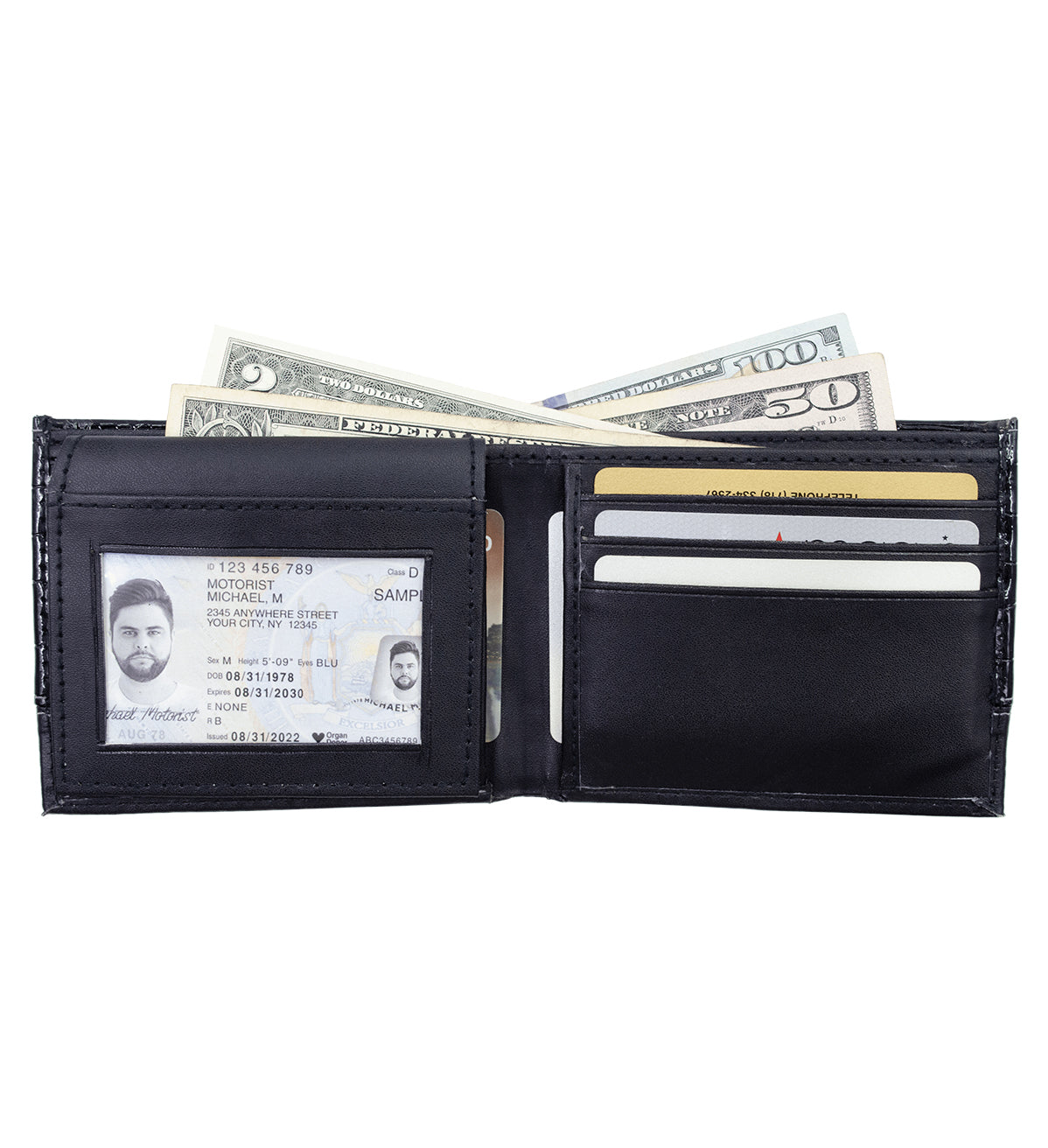 Black Croc Print Vegan Leather Men's Bifold Wallet Double Flap Holder