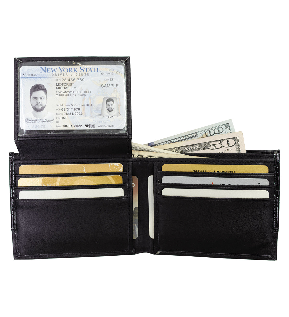 Black Croc Print Vegan Leather Men's Bifold Wallet Double Flap Holder