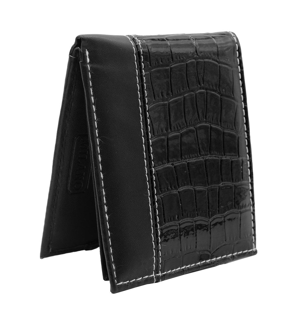 Black Croc Print Vegan Leather Men's Bifold Wallet Double Flap Holder