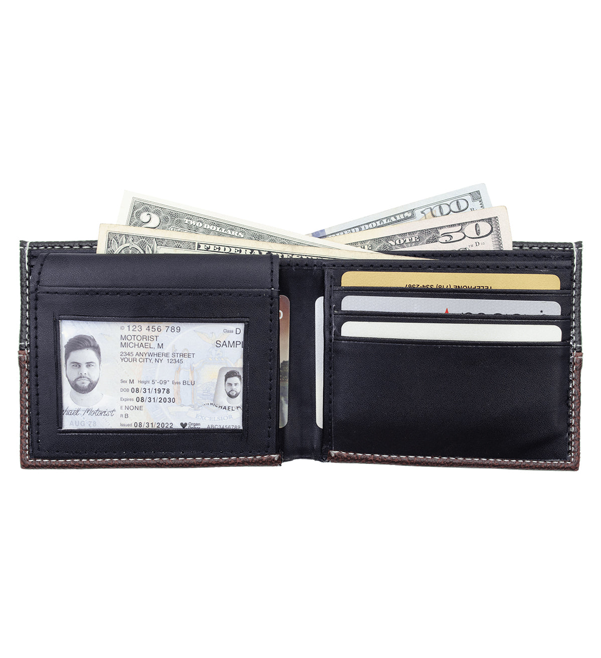 Black Vegan Grain Leather Men's Bifold Wallet Double Flap Holder