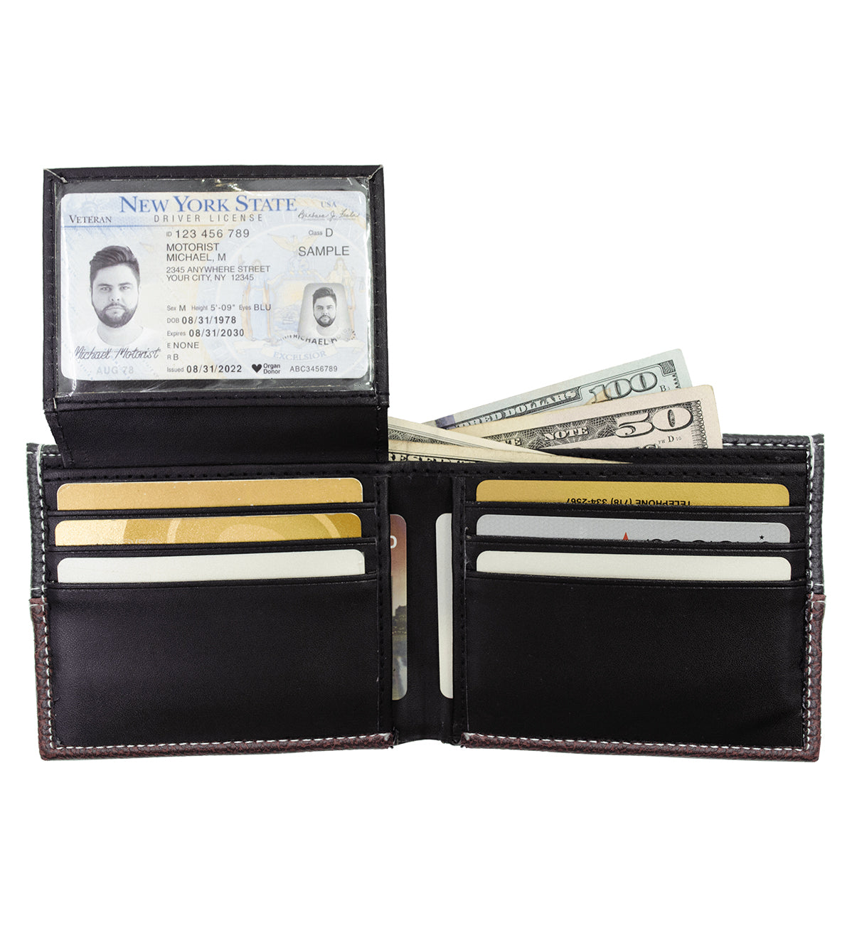Black Vegan Grain Leather Men's Bifold Wallet Double Flap Holder