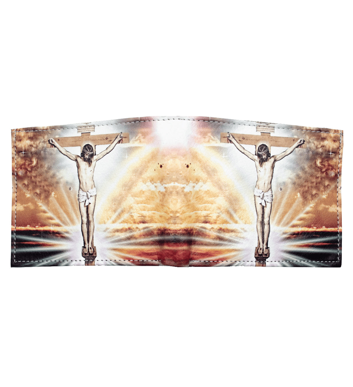 Novalty Graphics Leather Men's Bifold Wallet Double Flap Holder Dollar, Virgin Marry, Judas, Eagle, Peso