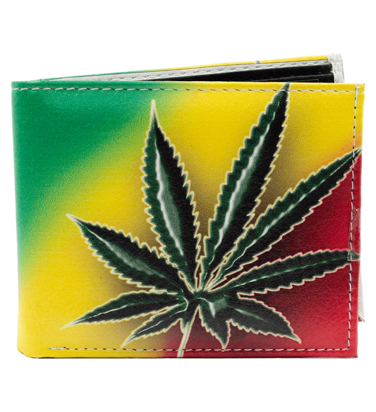 Rasta Marijuana Leaf Printed Leather Men's Bifold Wallet Double Flap Holder