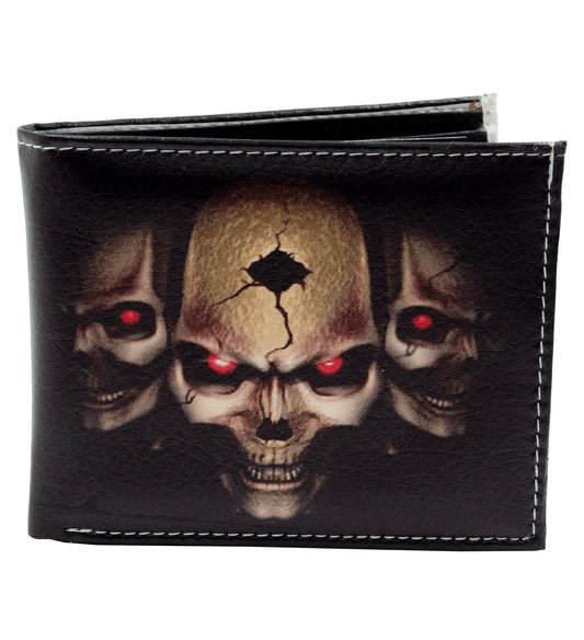 Three Skulls Leather Men's Bifold Wallet Center Flap Holder
