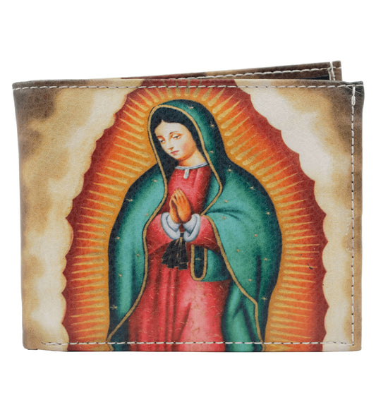 Virgin Mary Flag Leather Men's Bifold Wallet Double Flap Holder