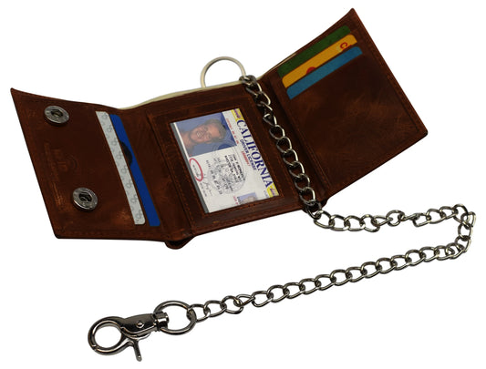 RFID Blocking Hunter Brown Leather Biker'S Wallet Steel Chain Motorcyclist