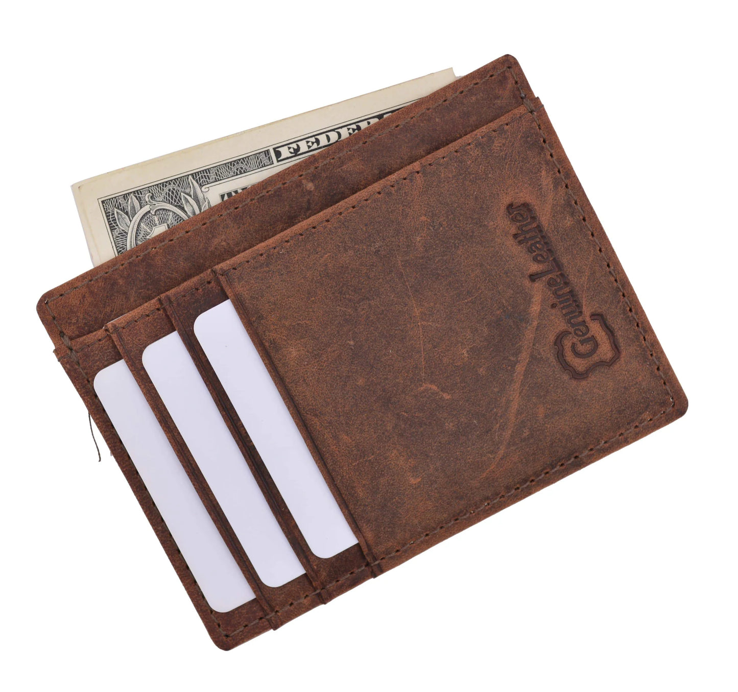 RFID Blocking Hunter Brown Men's Slim Vintage Genuine Leather Front Pocket Wallet Thin Card Holder