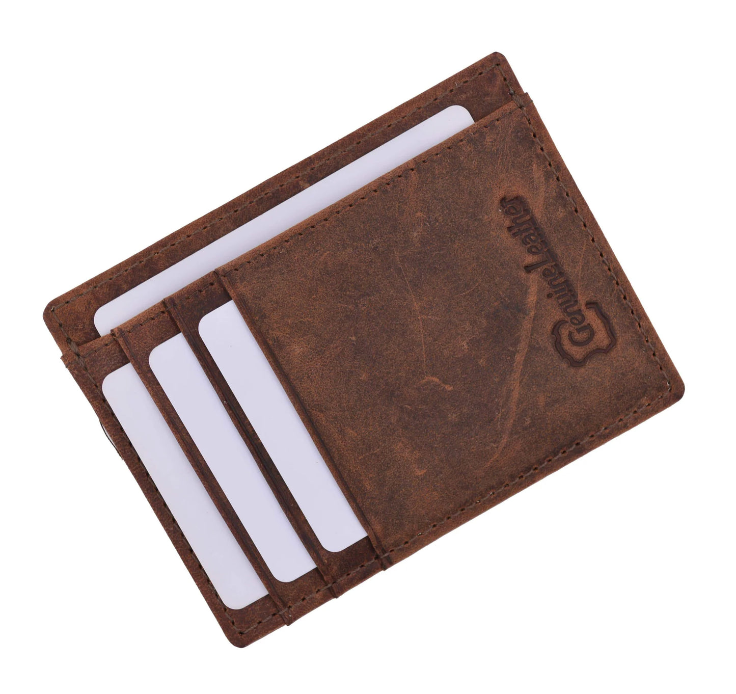 RFID Blocking Hunter Brown Men's Slim Vintage Genuine Leather Front Pocket Wallet Thin Card Holder