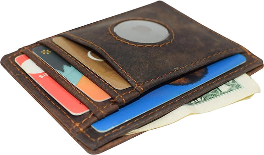 Hunter Brown Leather Men's Slim Minimalist Card Holder Wallet Airtag