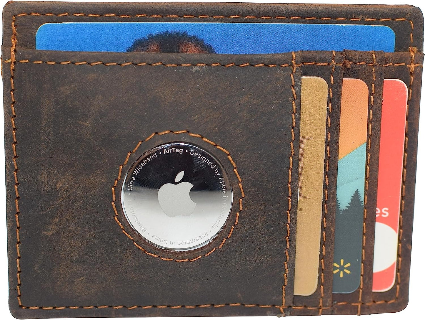 Hunter Brown Leather Men's Slim Minimalist Card Holder Wallet AirTag Case