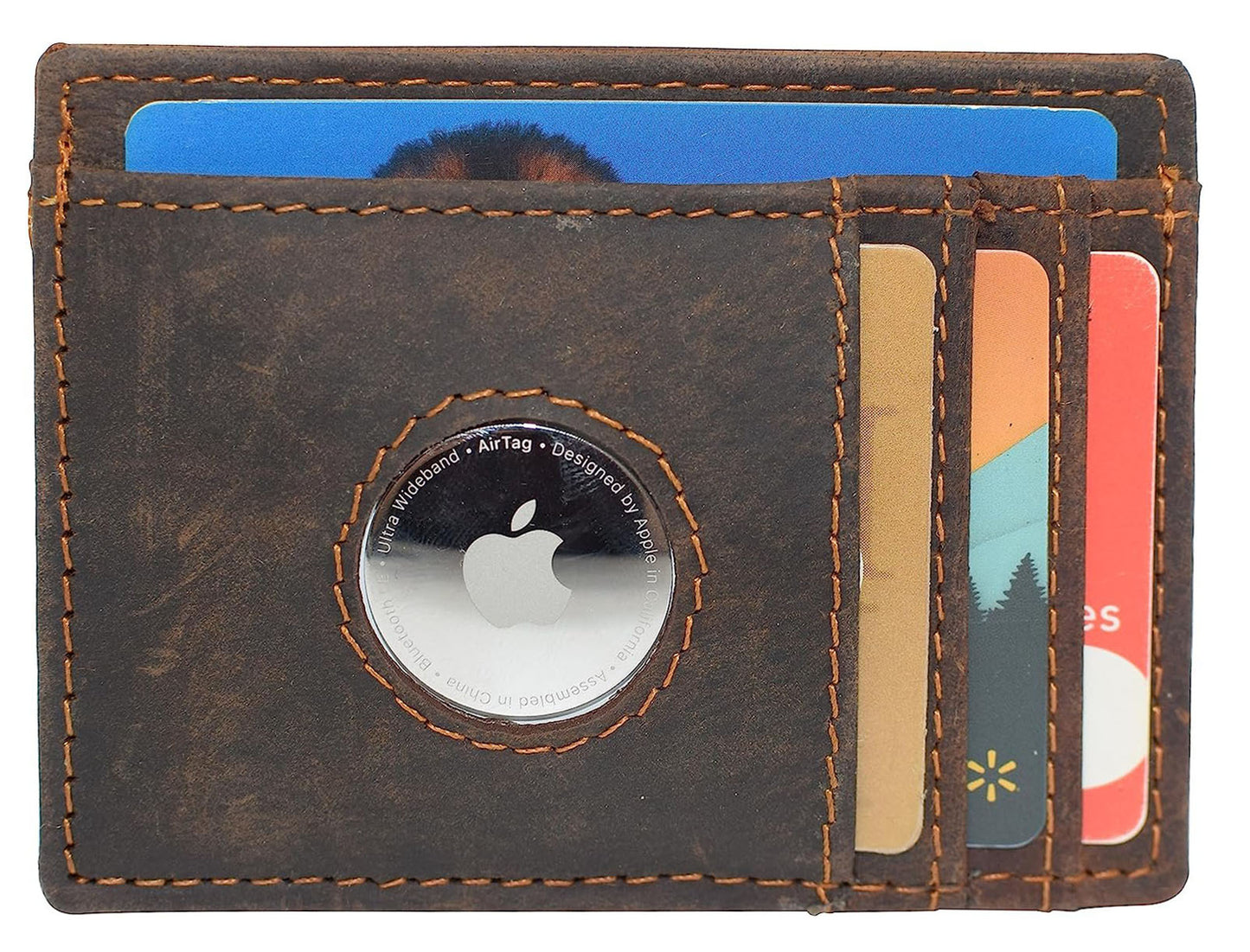 Hunter Brown Leather Men's Slim Minimalist Card Holder Wallet Airtag