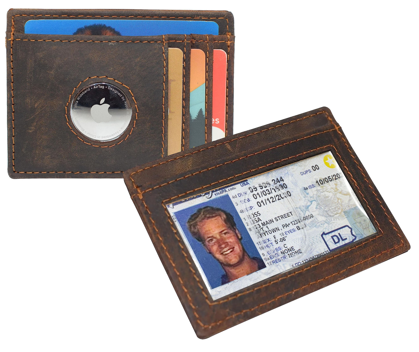 Hunter Brown Leather Men's Slim Minimalist Card Holder Wallet AirTag Case