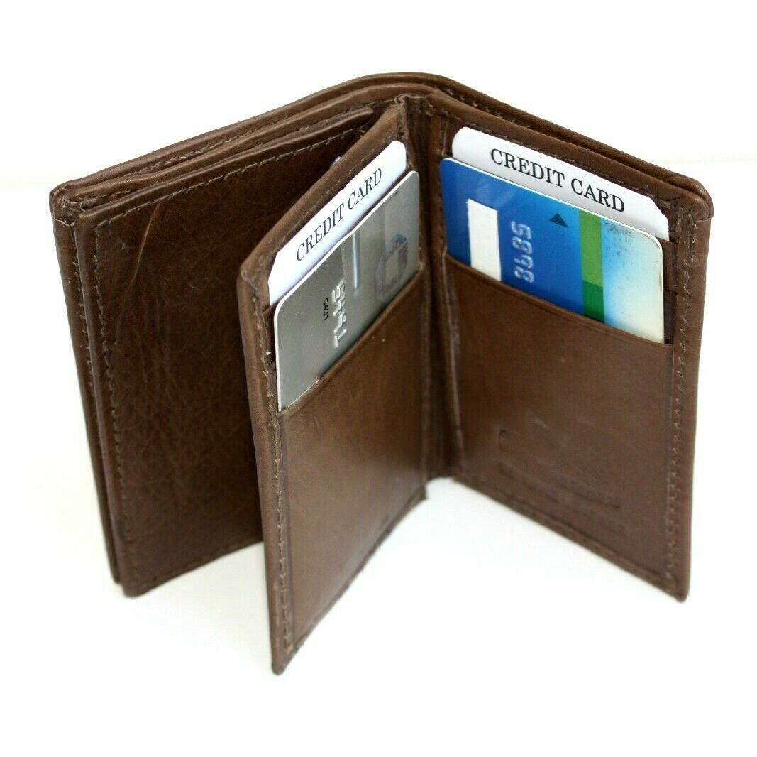 RFID Blocking Men's Genuine Leather ID Bifold 18+ Card Holder Center Flap Compact Wallet