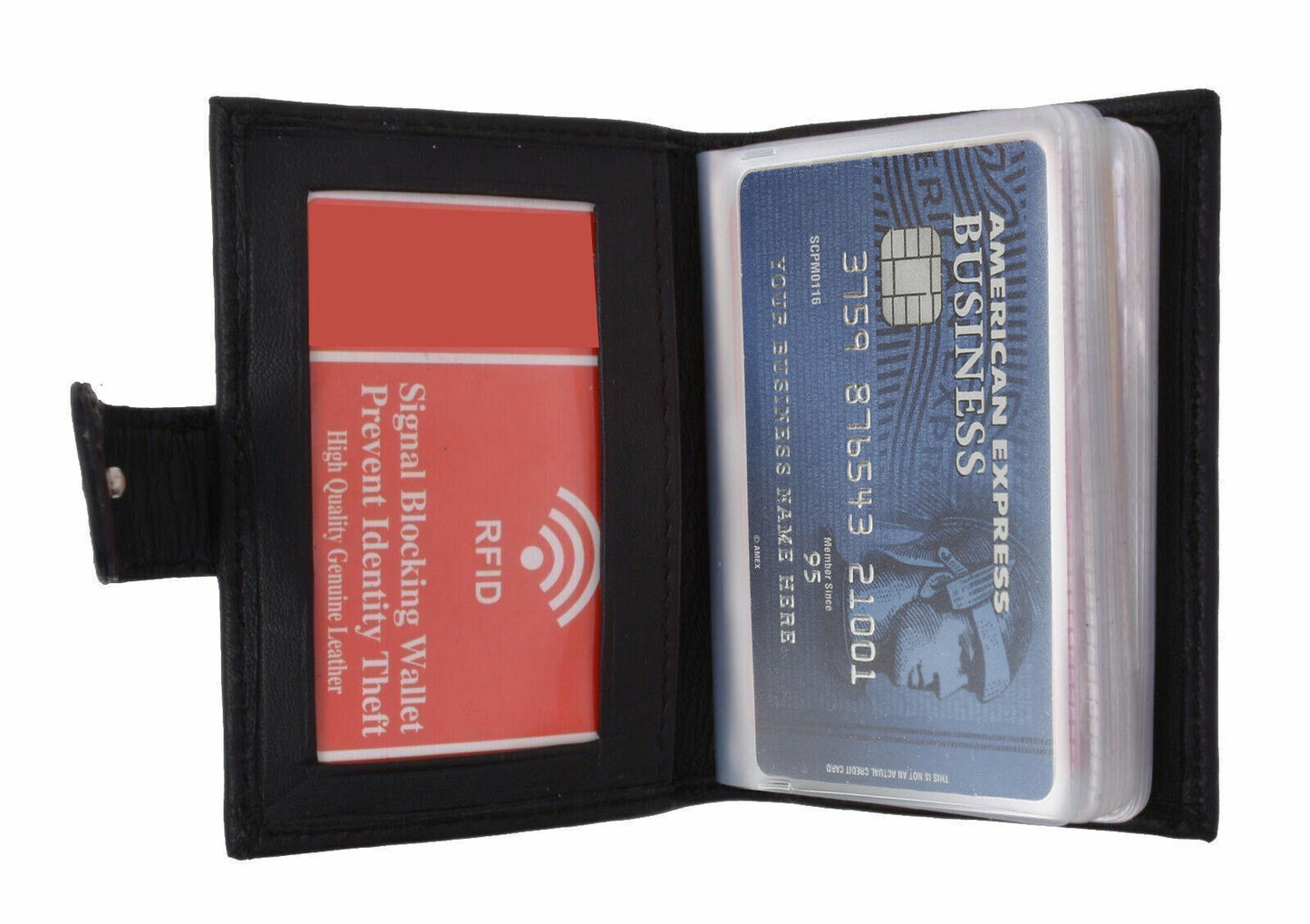 Black Leather Pocket Business Card Organizer Clear Sleeve Insert strap closed ID Wallet